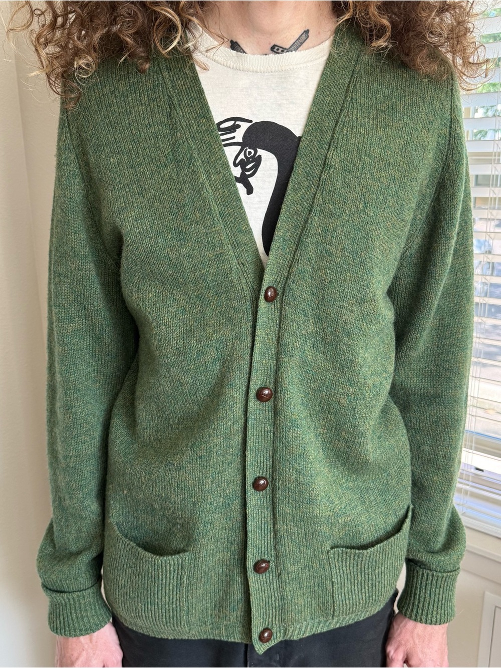 Vintage 70s 80s Wool Knit Cardigan Sweater Heather Olive Green ~ Size Medium